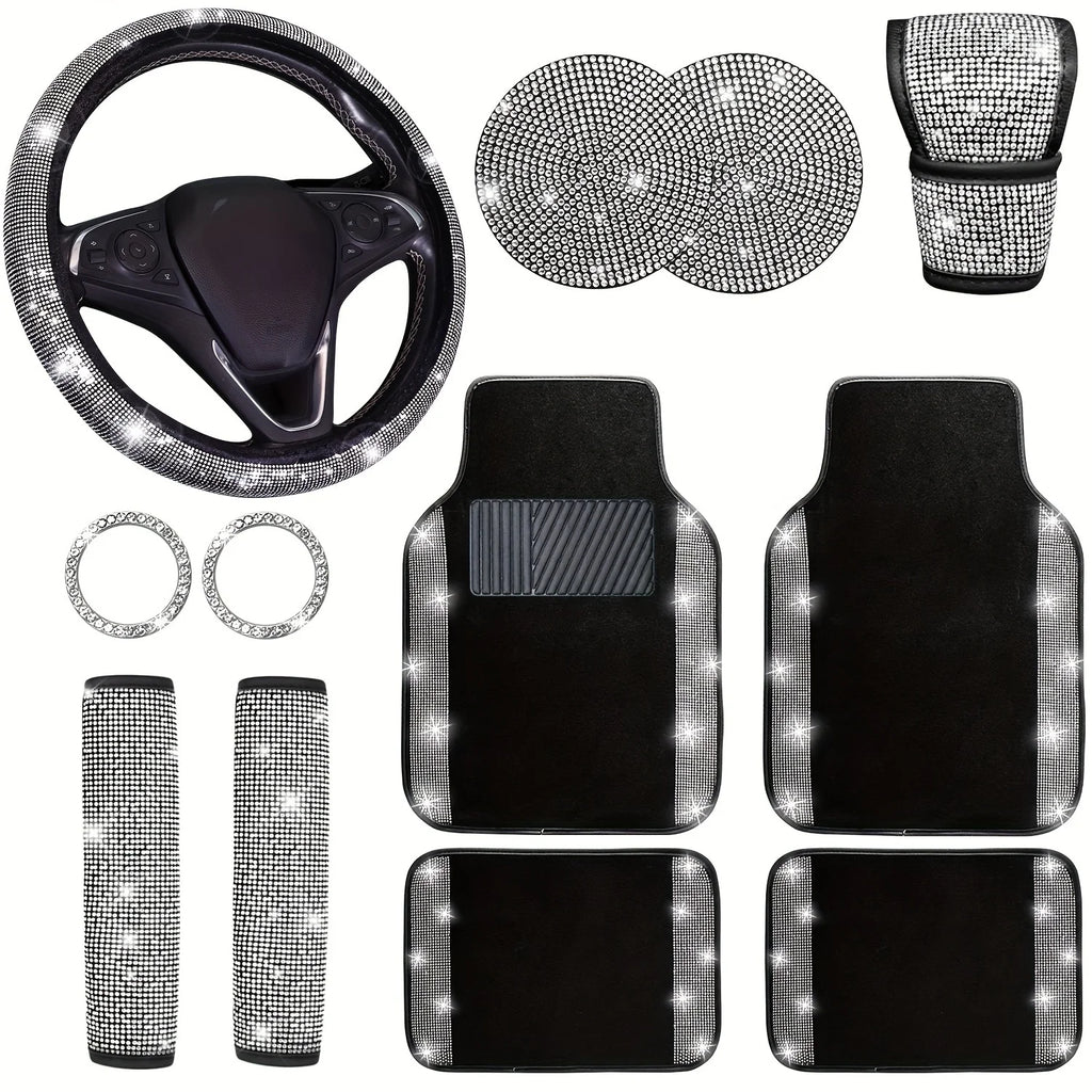 12pcs Bling Car Accessories Set, Bling Car Floor Mats Universal Fit Most Cars, Bling Steering Wheel Cover Universal Fit 15 Inches, Seat Belt Covers, Gear Shift Cover, Car Coasters, Start Button Ring, Bling Car Accessories for