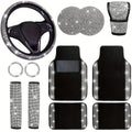 12pcs Bling Car Accessories Set, Bling Car Floor Mats Universal Fit Most Cars, Bling Steering Wheel Cover Universal Fit 15 Inches, Seat Belt Covers, Gear Shift Cover, Car Coasters, Start Button Ring, Bling Car Accessories for