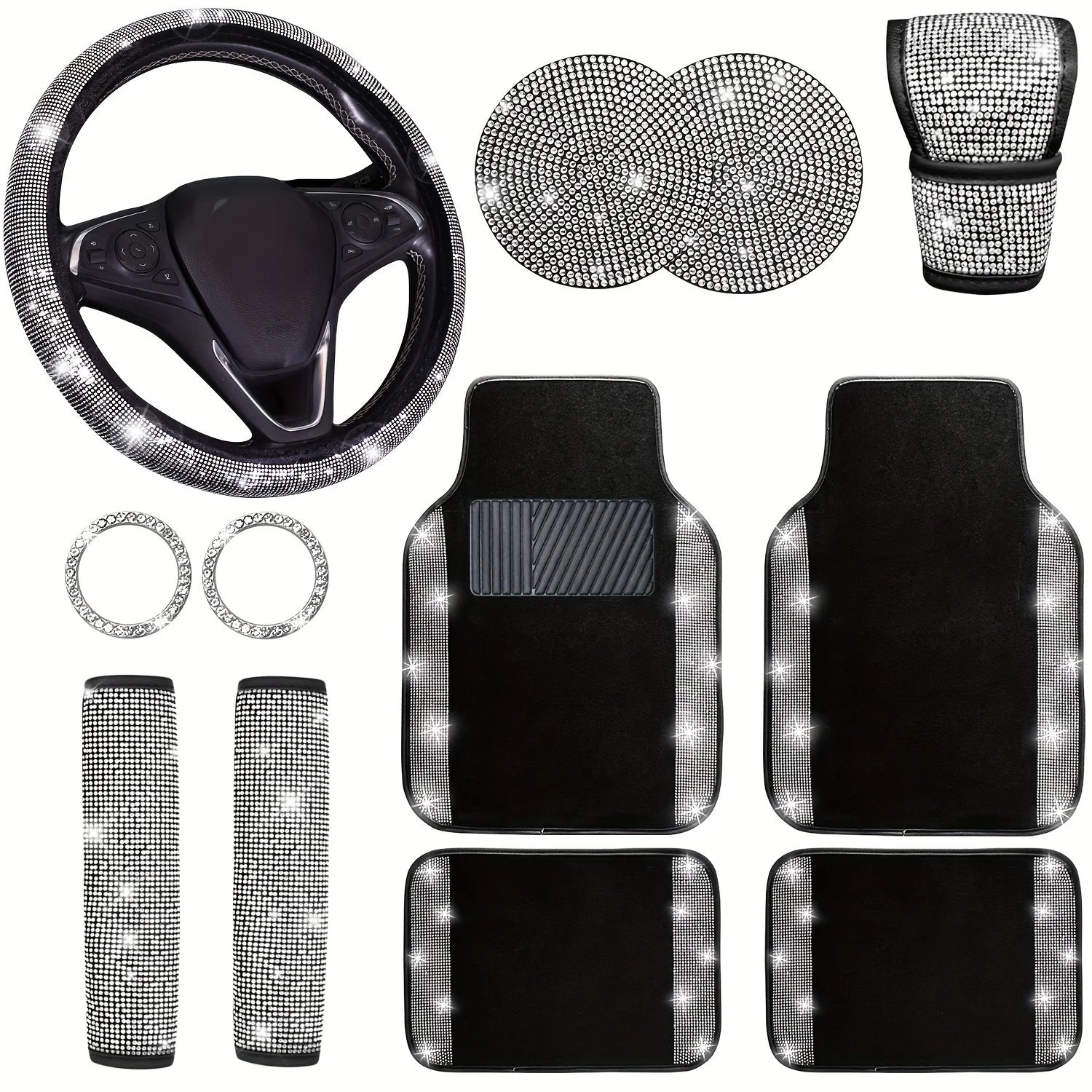12pcs Bling Car Accessories Set, Bling Car Floor Mats Universal Fit Most Cars, Bling Steering Wheel Cover Universal Fit 15 Inches, Seat Belt Covers, Gear Shift Cover, Car Coasters, Start Button Ring, Bling Car Accessories for
