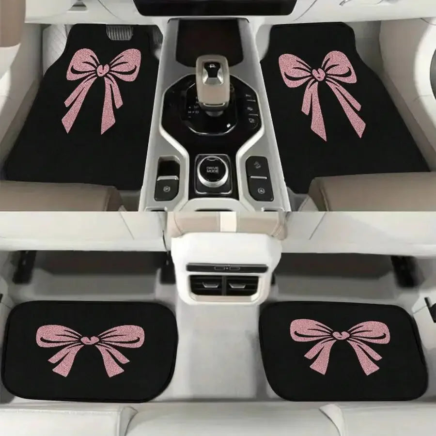 4 Piece Universal Car Floor Mats With Pink Bow Design Polyester All Weather Mat For Sedan SUV Truck