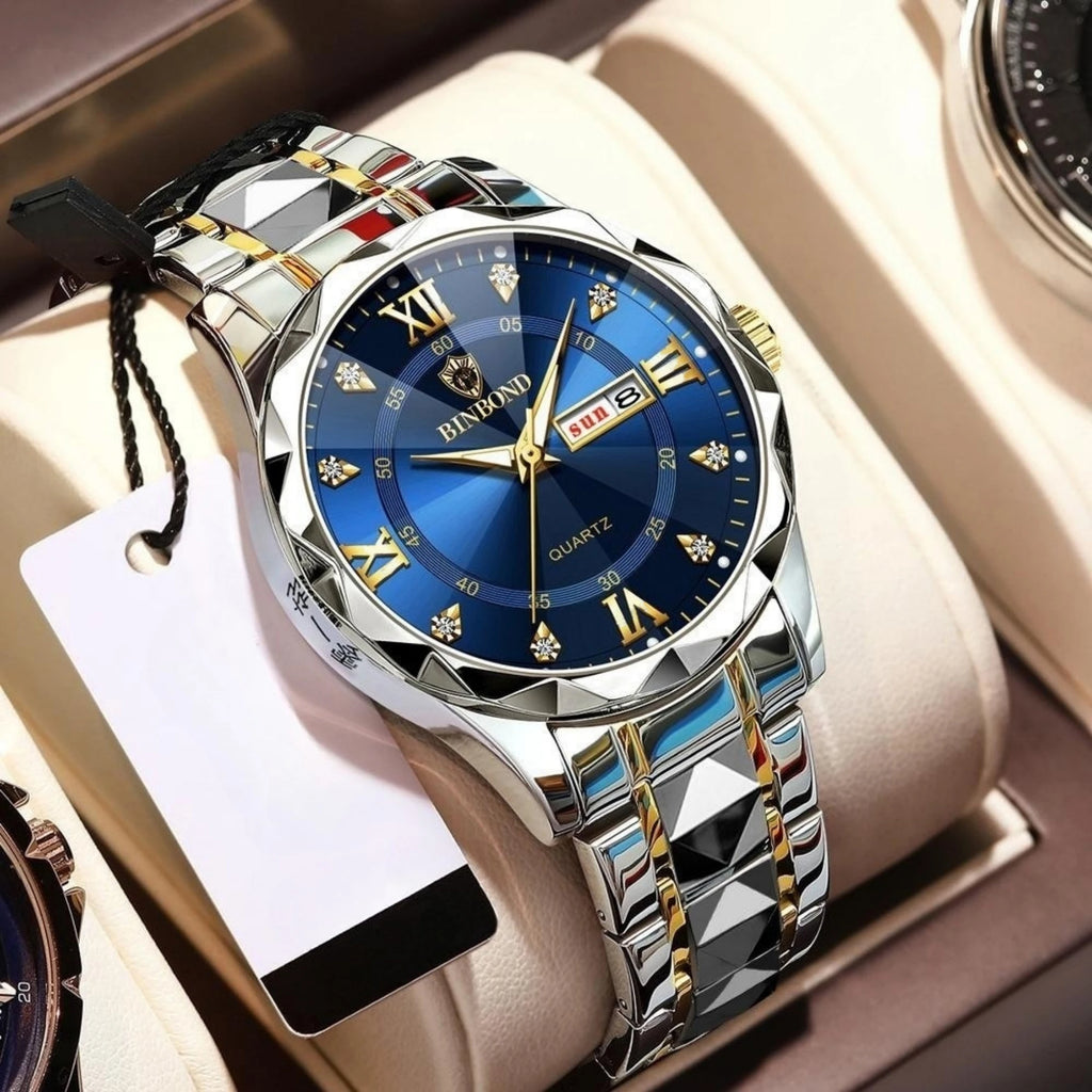 Business Watch Fashion Men's Watch 30M Waterproof Calendar Date Function Rhinestone Blue Dial Stainless Steel Strap Quartz Watch