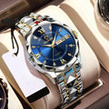 Business Watch Fashion Men's Watch 30M Waterproof Calendar Date Function Rhinestone Blue Dial Stainless Steel Strap Quartz Watch