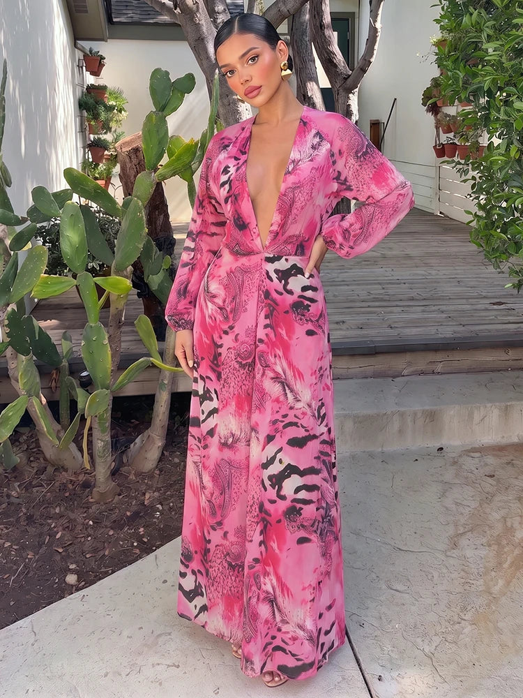 Sisterlinda Backless Long Dress Woman Autumn Trend Deep V-Neck Tiger Stripe Print Lantern Sleeve Beach Party Elegant Vestidos
