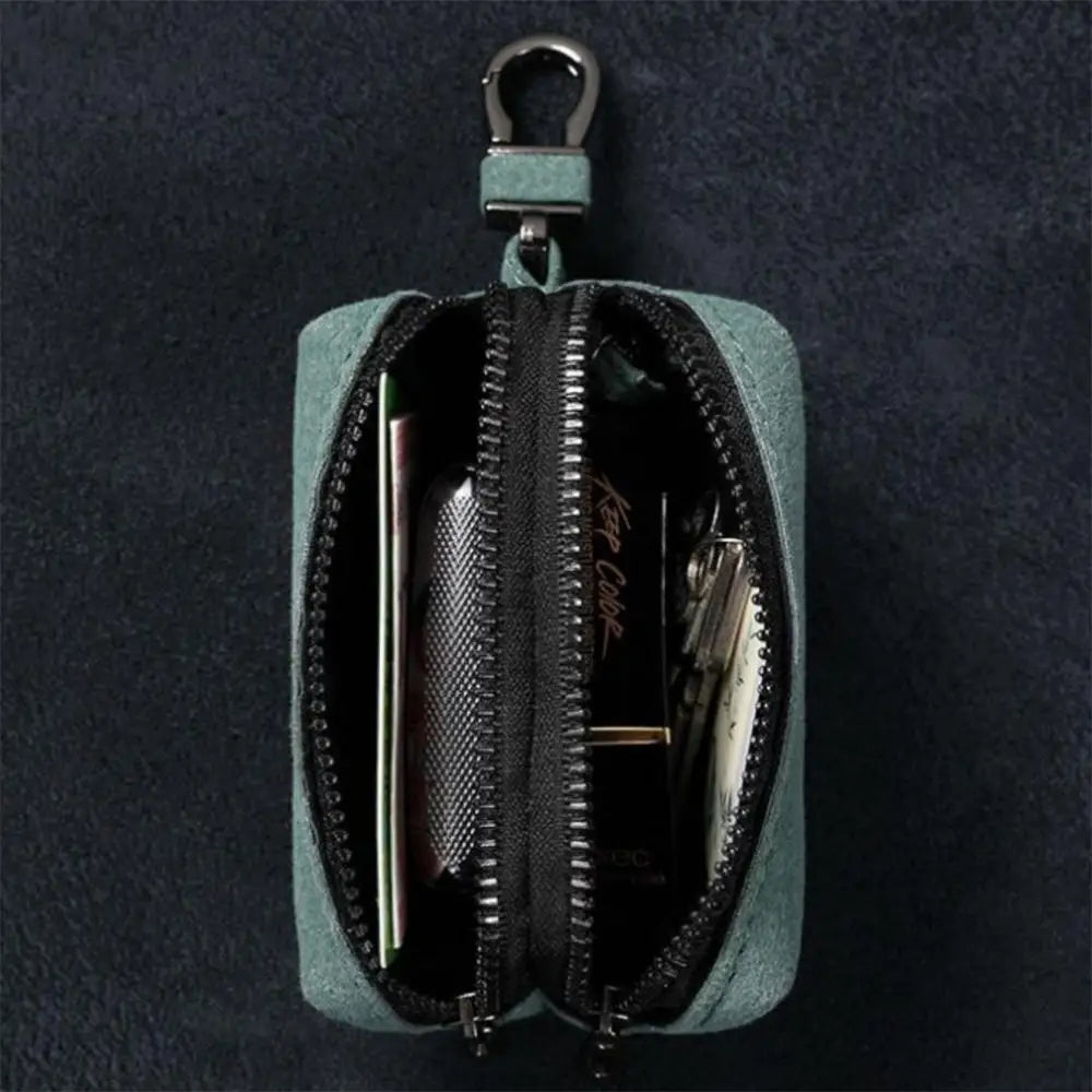 Portable Keychain Wallet for Men Women Large-Capacity Double Zipper Key Pouch Bag Suede Leather Key Case Unisex Coin Purse