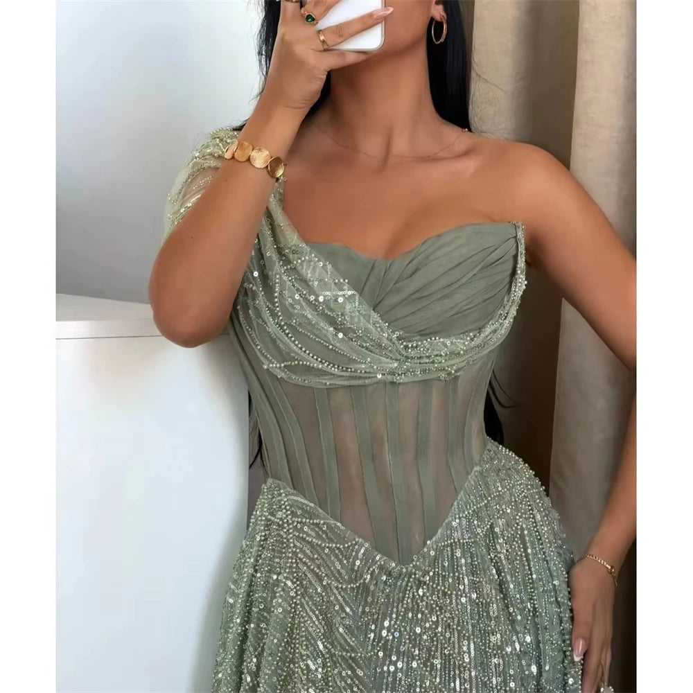 Mila Customized Sage Green A-line Beaded One Shoulder Prom Dress Elegant Pleats Formal Evening Floor-Length Vestidos De Fiesta