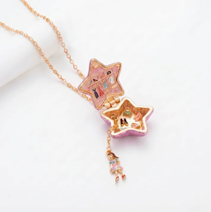 Fairy Tale Gingerbread House Necklace Open and Close Pendant Necklace Women Girls Enamel House Girl Necklace Jewelry Accessory