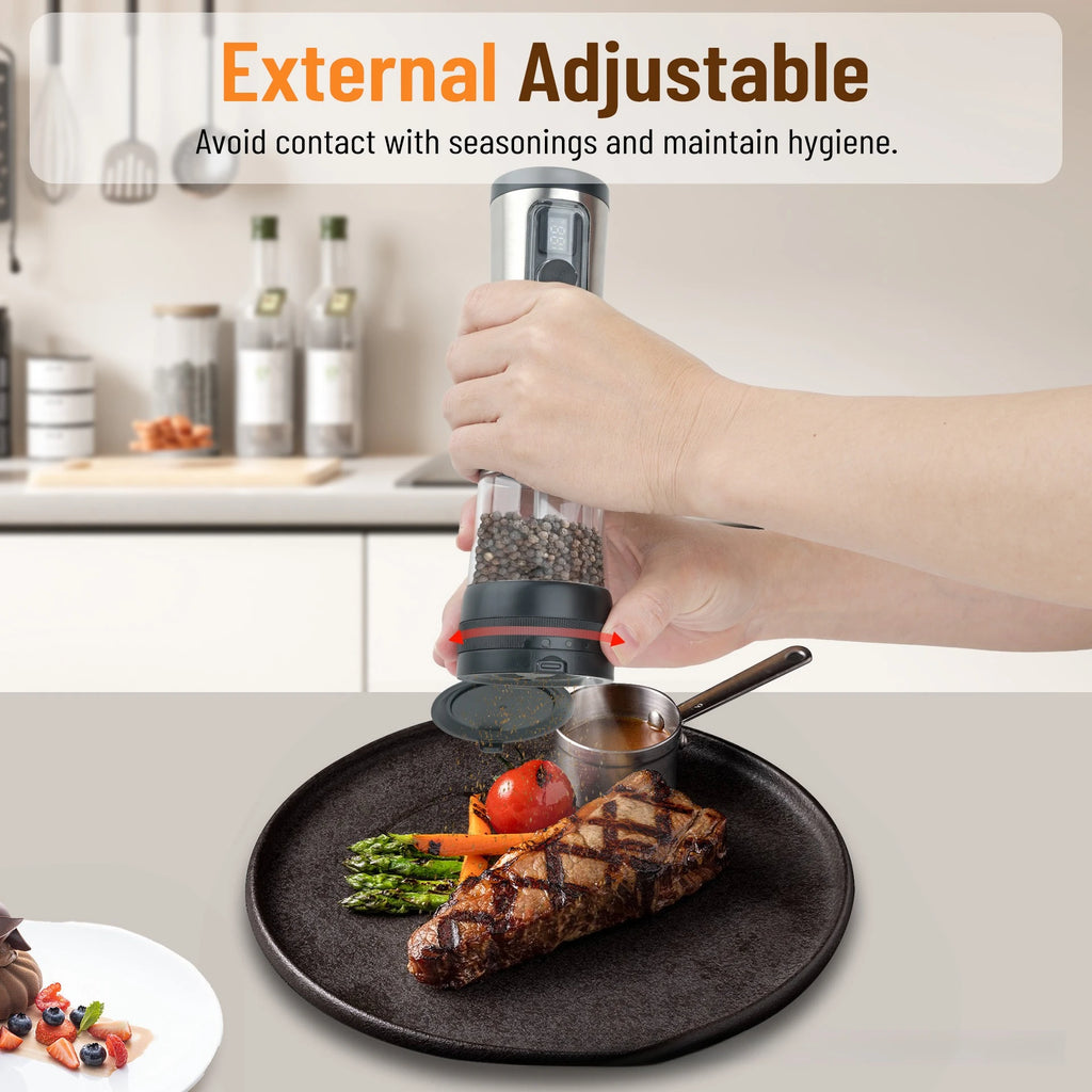 Electric Automatic Pepper Salt Grinder Set with Rechargeable Base LED Electricity Indicator Adjustable Coarseness for Kitchen