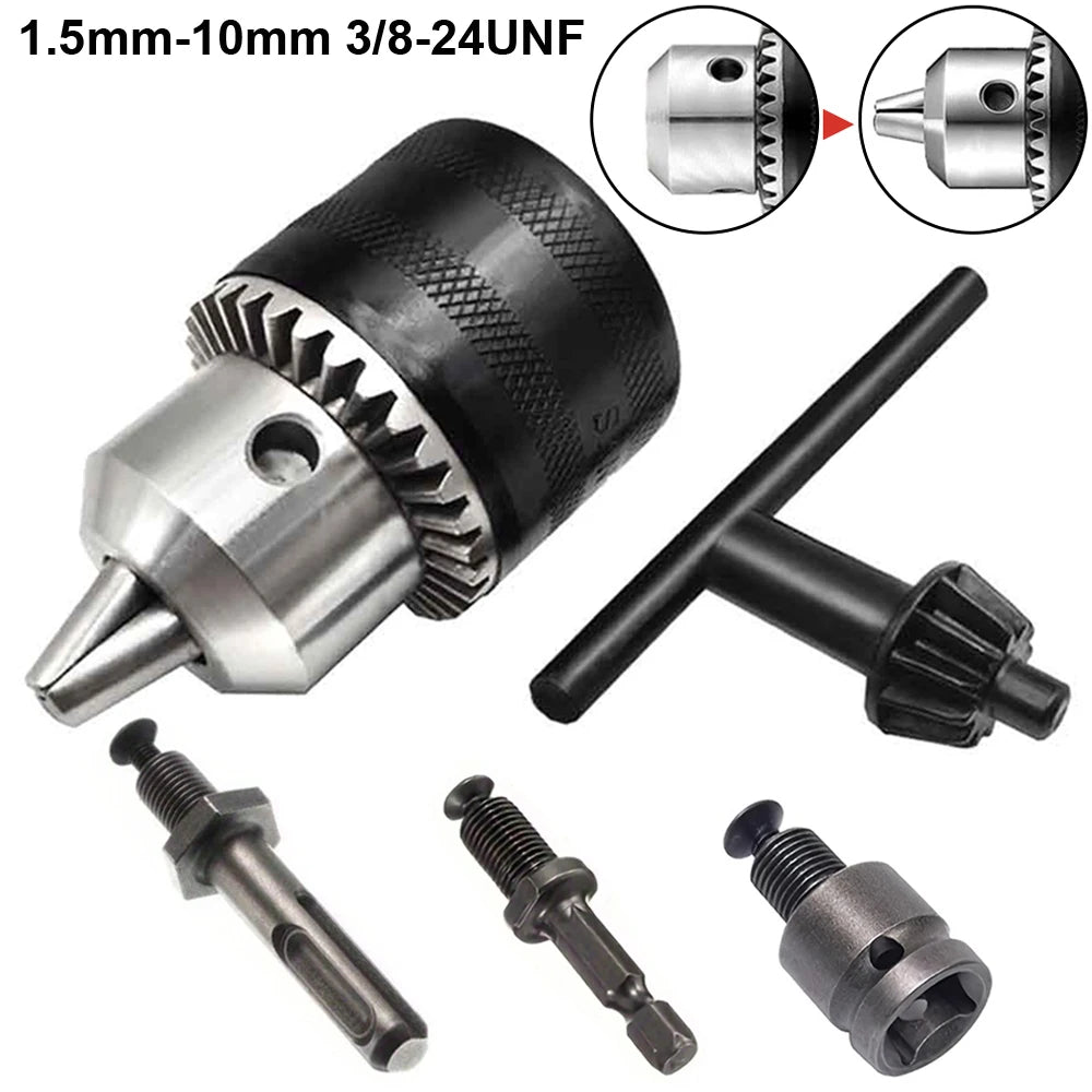 1.5-10mm Drill Chuck,3/8-24UNF Mount Impact Driver Bits Chuck Conversion Hex Shank/SDS-Plus Socket Square Adapter with Chuck Key