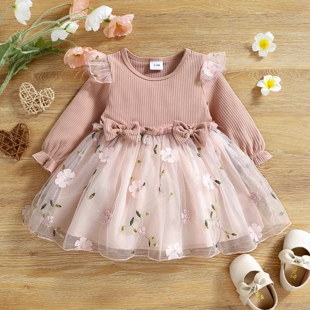 Baby Girl Dresses Spring And Autumn Bow And Flower Pattern Solid Color Fluffy Gauze Baby Dresses Cute Casual Baby Clothes Girl