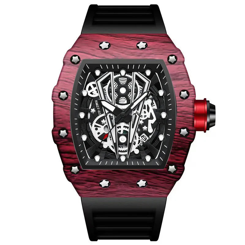 BINBOND Brand Men Watch Domineering Barrel Watch Curved Mirror Hollow Surface Sports Men Watch Silicone Quartz Wristwatch B8577