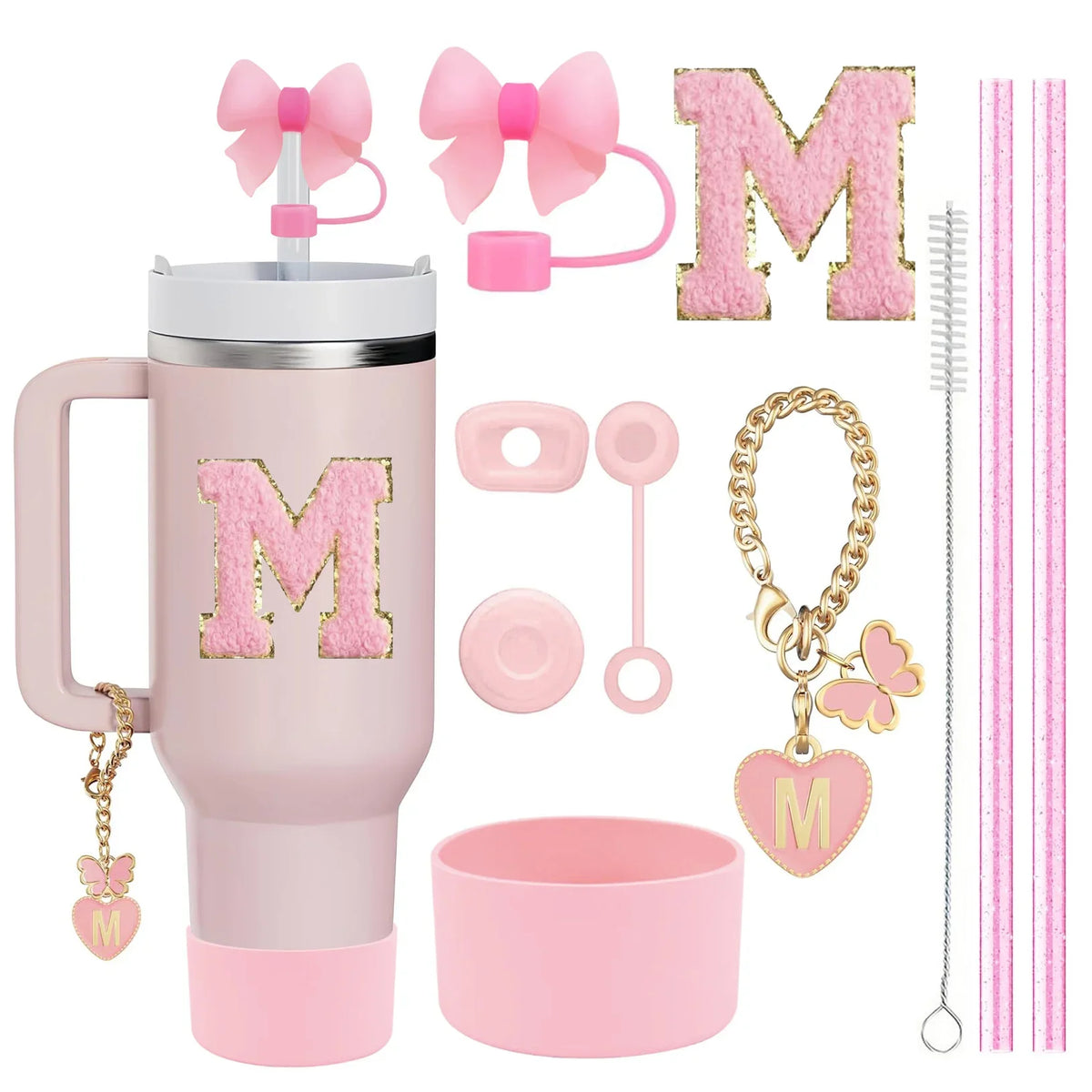 10PCS Accessories Set for Stanley Cup, 2 Straw and Brush and 1 Flower Charm Chain 3 Spill Proof Stopper Flowers Straw Cover Boot