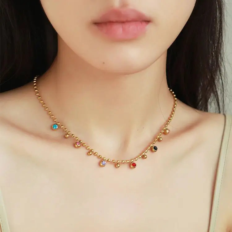 316L Stainless Steel Multicolor Crystal Zircon Necklace For Women Fashion Lady Ball Chain Wedding Party Jewelry Gifts