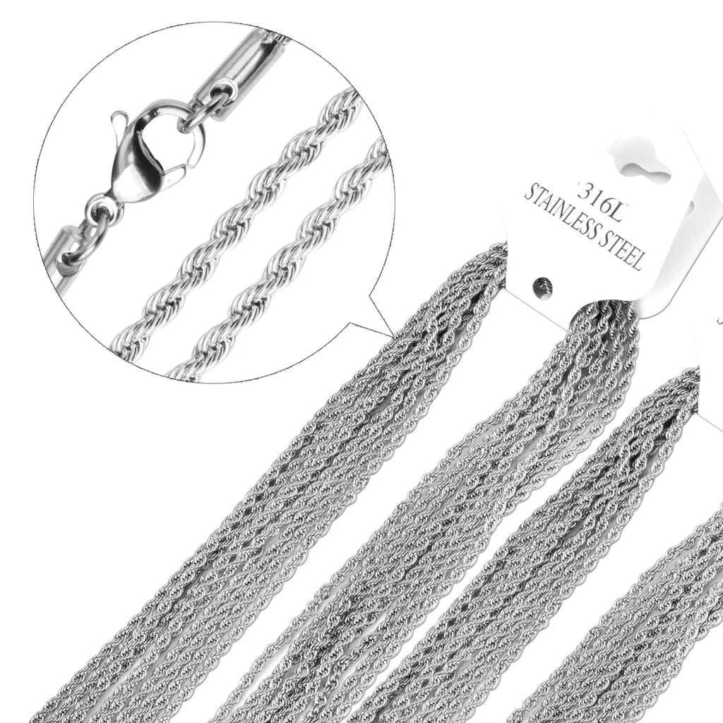 LUXUSTEEL 10pcs/Lot Stainless Steel Twist Rope Chain Necklaces 2mm Silver Color No Fade DIY Pendants Accessories Wholesale