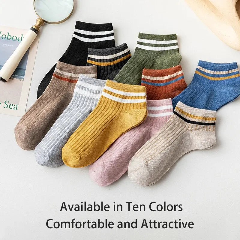 10 Pairs of Women's Spring and Summer Four-seasons Striped Solid Color Simple Fashionable and Comfortable School Students Socks