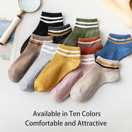 10 Pairs of Women's Spring and Summer Four-seasons Striped Solid Color Simple Fashionable and Comfortable School Students Socks