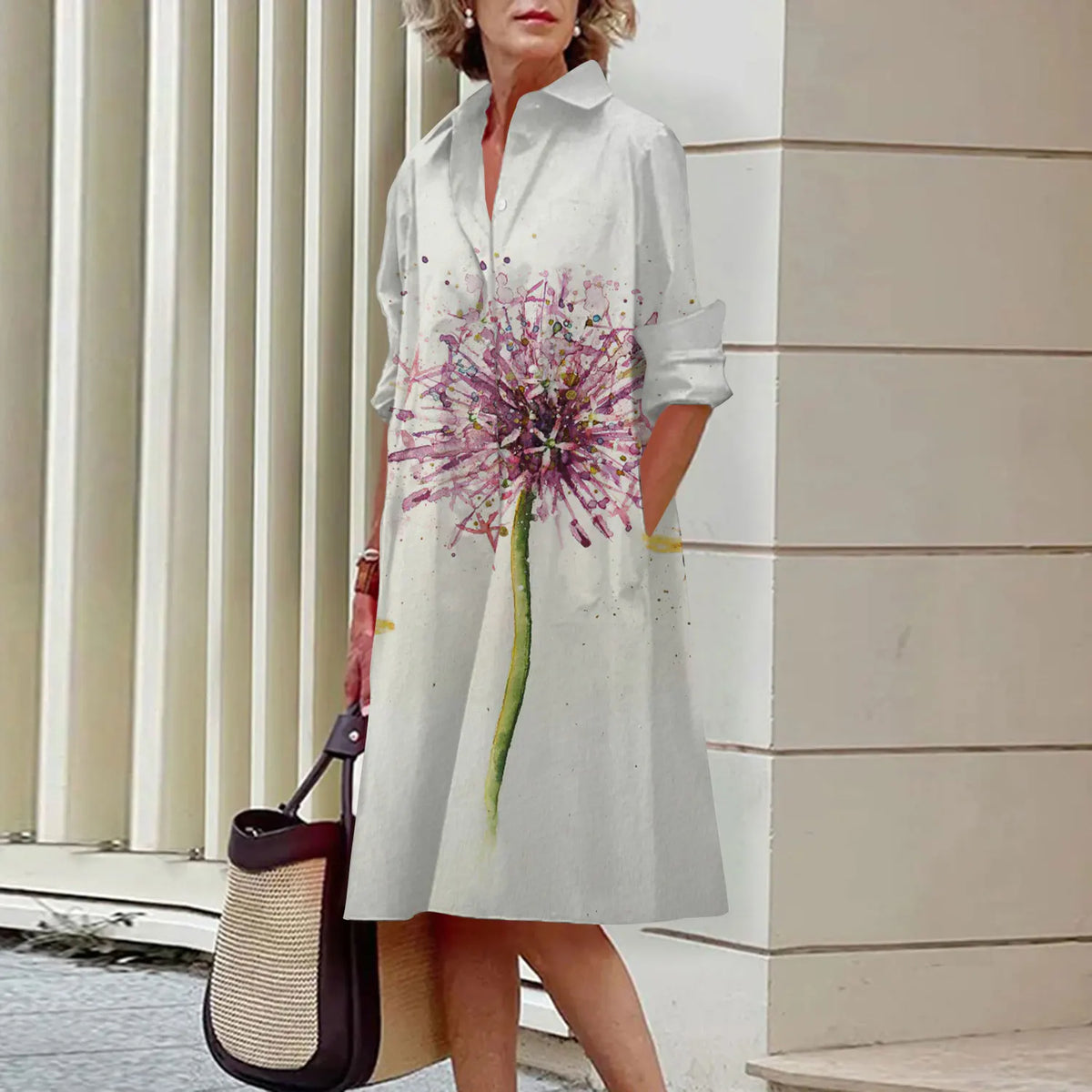Summer New Women's Dresses Crushed Floral Long Sleeve Lapel Midi Luxury Women's Street Women's Shirt Pocket Temperament 2023