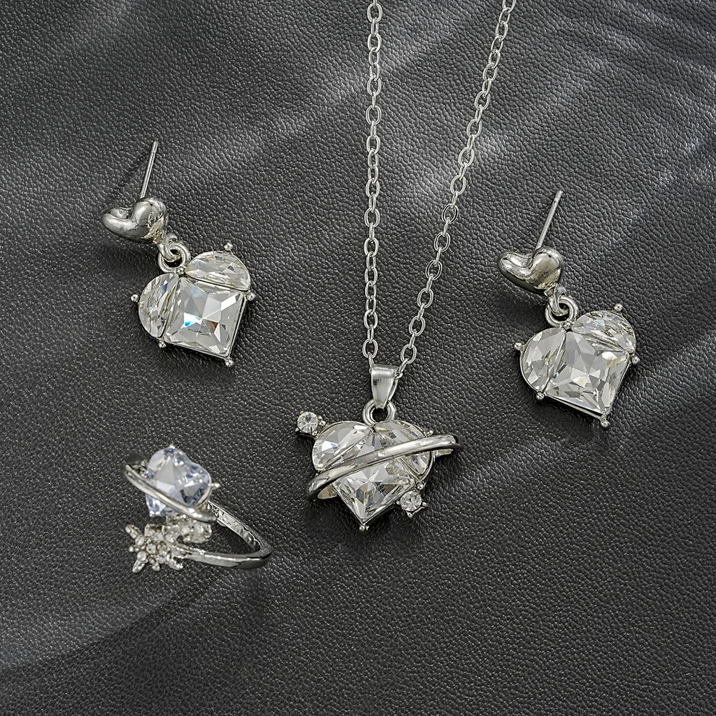 4 Pieces Love Pink Crystals Sweet Earrings Necklaces And Rings Jewelry Set Lightweight And Versatile For Women Mother's Day Gift