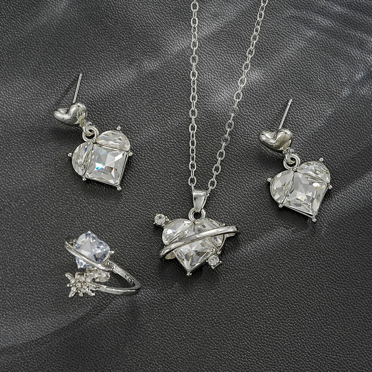4 Pieces Love Pink Crystals Sweet Earrings Necklaces And Rings Jewelry Set Lightweight And Versatile For Women Mother's Day Gift