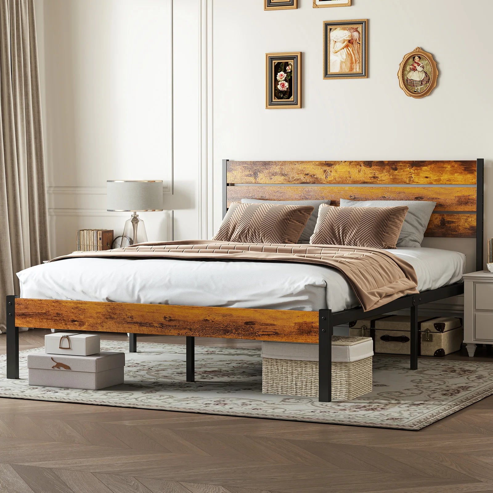 MCQ Wooden Headboard and Metal Platform Bed Frame No Box Spring Needed with 700LBS Sturdy Wooden Slats Support For Home