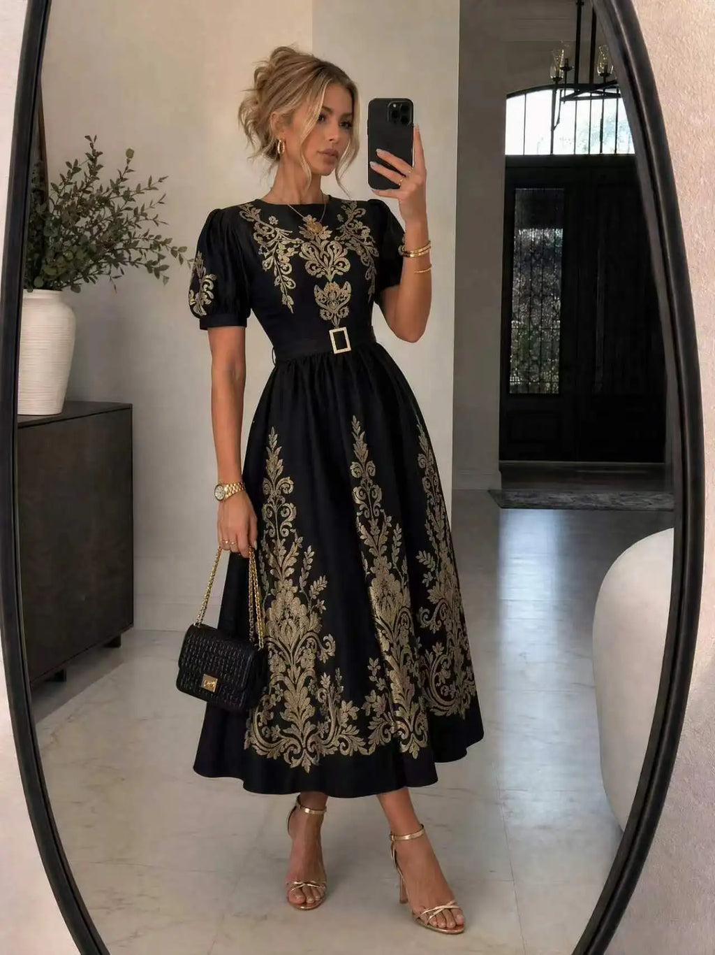Women Vintage Gold Floral Print Maxi Dress Short Puff Sleeve Belted Elegant Party Long Dress