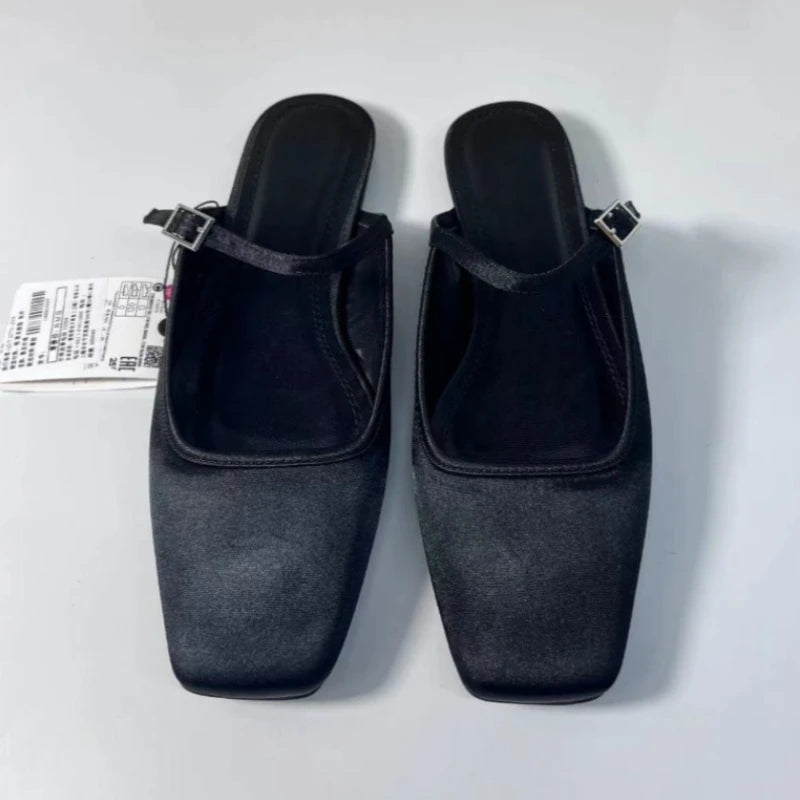 Summer Flat Sandals Woman 2026 New Square Toe Buckle Strap Breathable Satin Leisure Slingbacks Chic Mules Shoes for Ladies