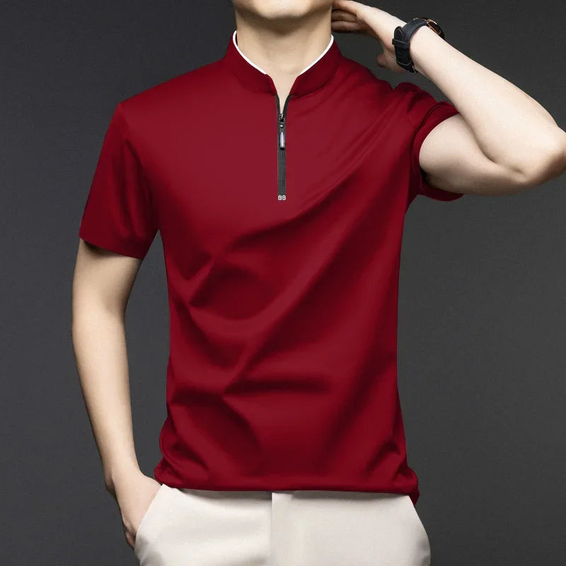 2025 New Men's Casual Fashion Zipper Solid Color Short Sleeved Polo Shirt Stand Up Collar Versatile Comfortable Top