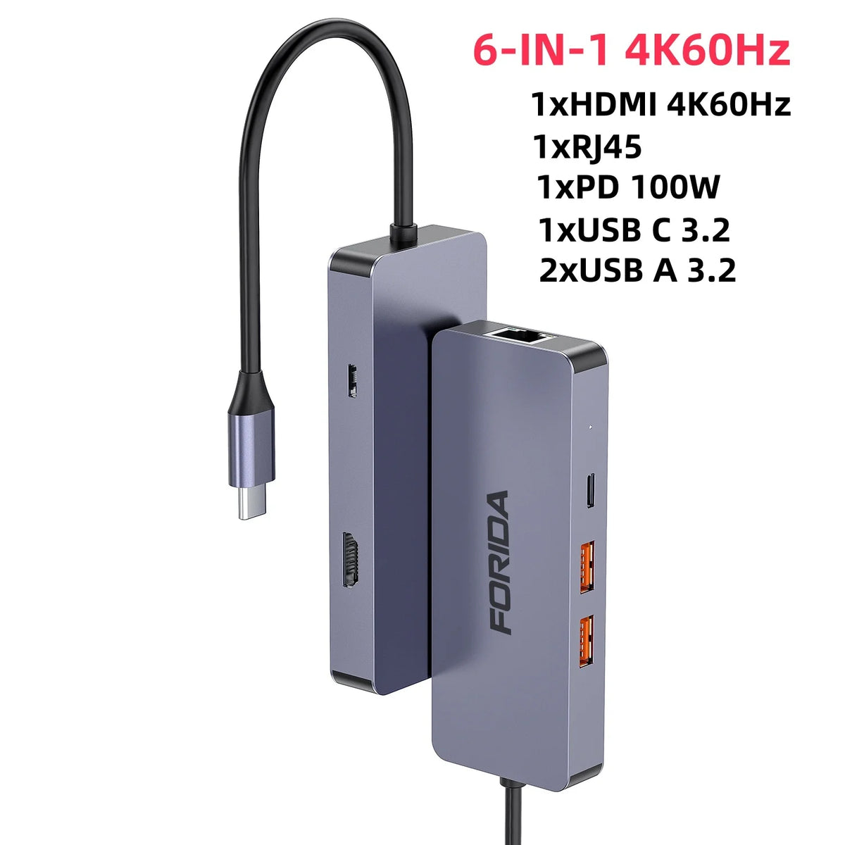 FORIDA 6 IN 1 USB C HUB Type C to HDMI 4K60Hz USB A and USB C 3.2 Port 10Gbps RJ45 PD 100W Adapter for Macbook HP DELL Lenovo