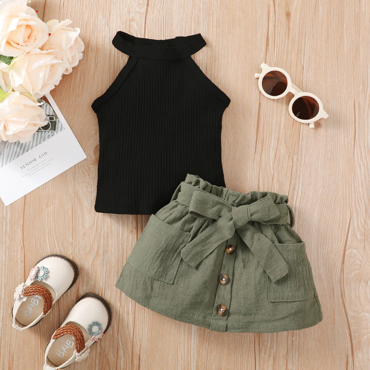 2Pcs Baby Girl Sleeveless Black Top Lace Up Bow ButtoShort Skirt Summer Party Fashion Set Suitable for Baby Girl 0-24 Months