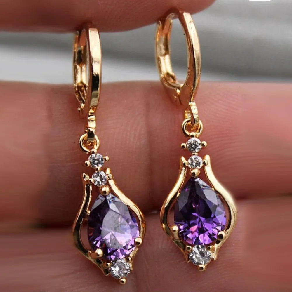 ZAKOL Vintage Shiny Purple Crystal Stone Drop Hoop Earrings For Women Water Dorp Boho Long Dangle Earrings Jewelry Gift
