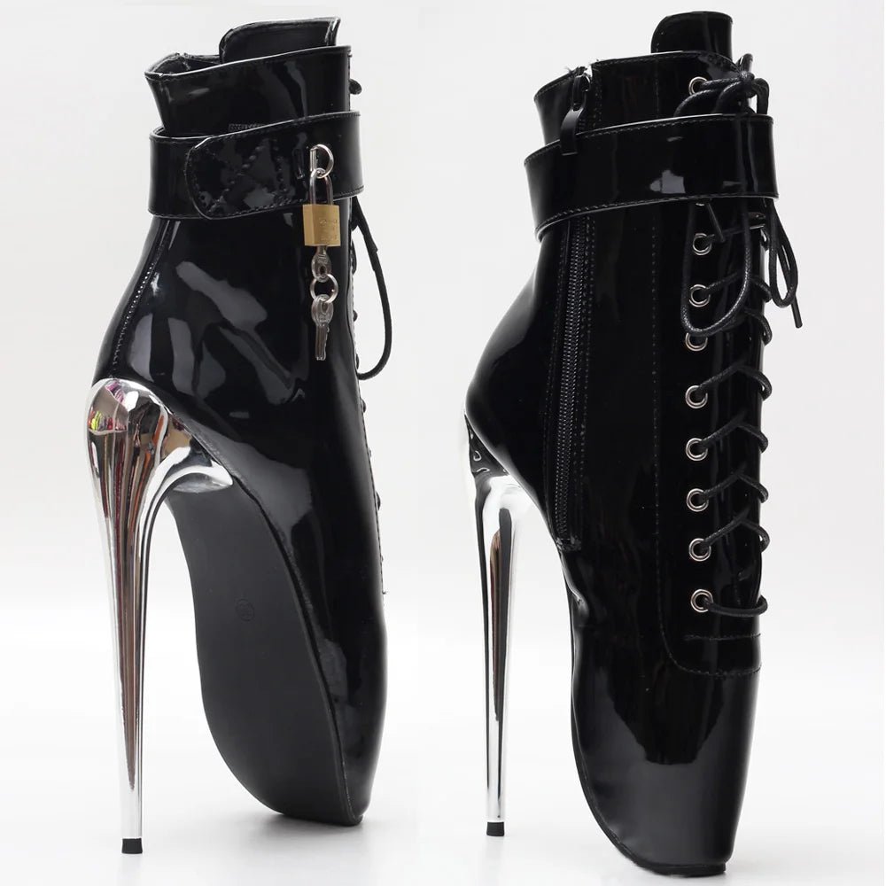 7Inch Stiletto High Heel Lock Wrap Strap Ankle Length Fetish Ballet Boots