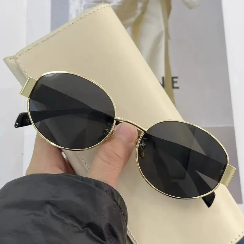 Retro Oval Brown Sunglasses Metal Frame High-end Feel UV400 Sun Visors for Women Men Street Photography