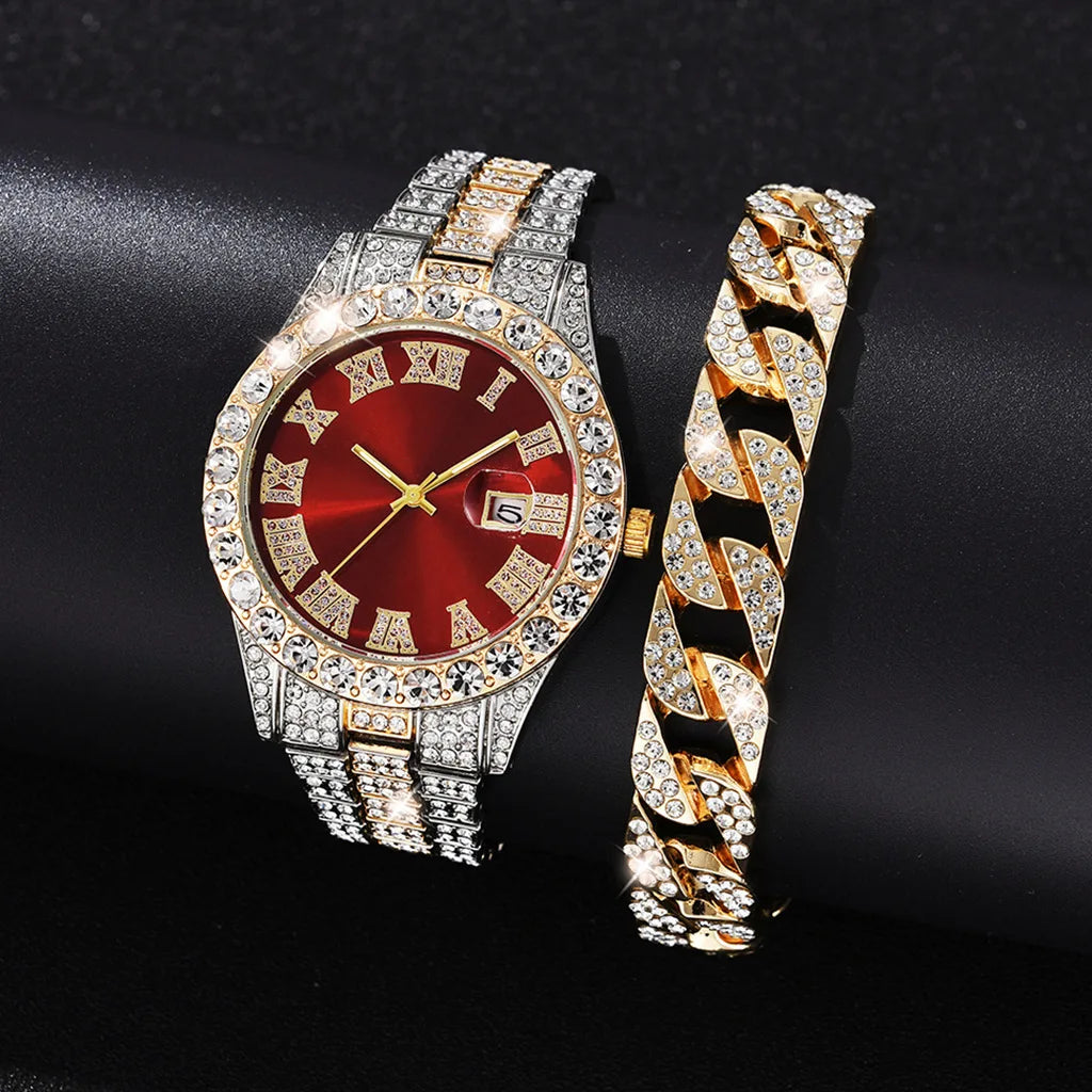 2PCs Fashion Luxury Full Diamond Steel Band Calendar Roman Scale Men's Steel Band Quartz Watch with Diamond Chain Bracelet Gift