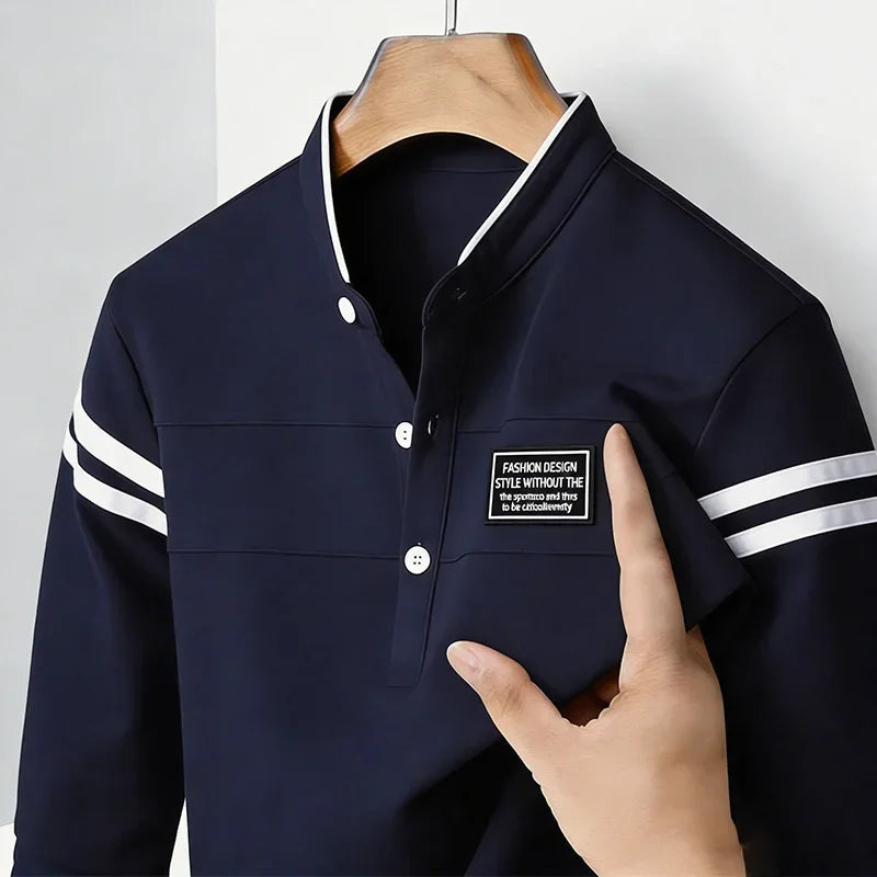 Men's Casual Slim Fit Polo Shirt Long Sleeve Stand Collar Contrast Striped Cotton Blend Tops for Daily & Business Wear