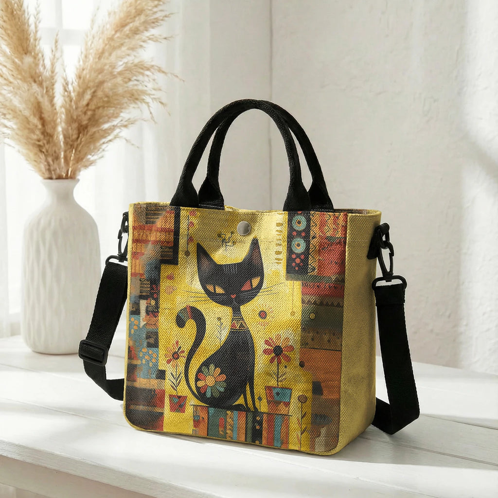 Abstract Geometric Floral Black Cat Art Print Tote Bag Detachable Strap Crossbody Handbag For Women Daily Shopping