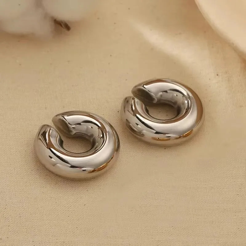 Punk Vintage Chunky Geometric Round Ear Cuff Stainless Steel Metal Texture Thick C Shape Non Piercing Ear Clip