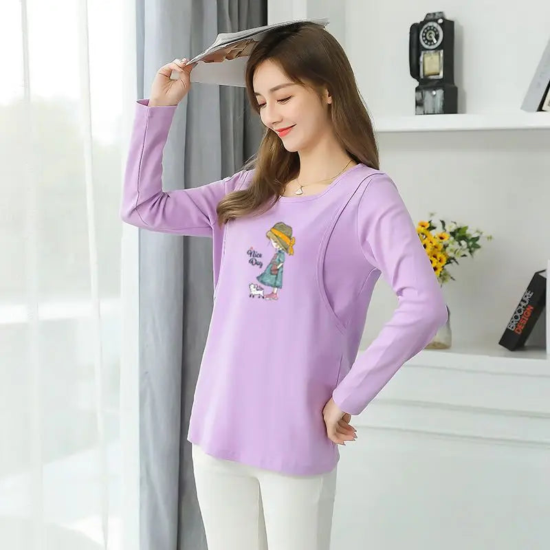 2025 Autumn Long Sleeve O-neck Postpartum Women Nursing T-shirt Maternity Breastfeeding Top Pregnancy Lactation Tees 7 Colors