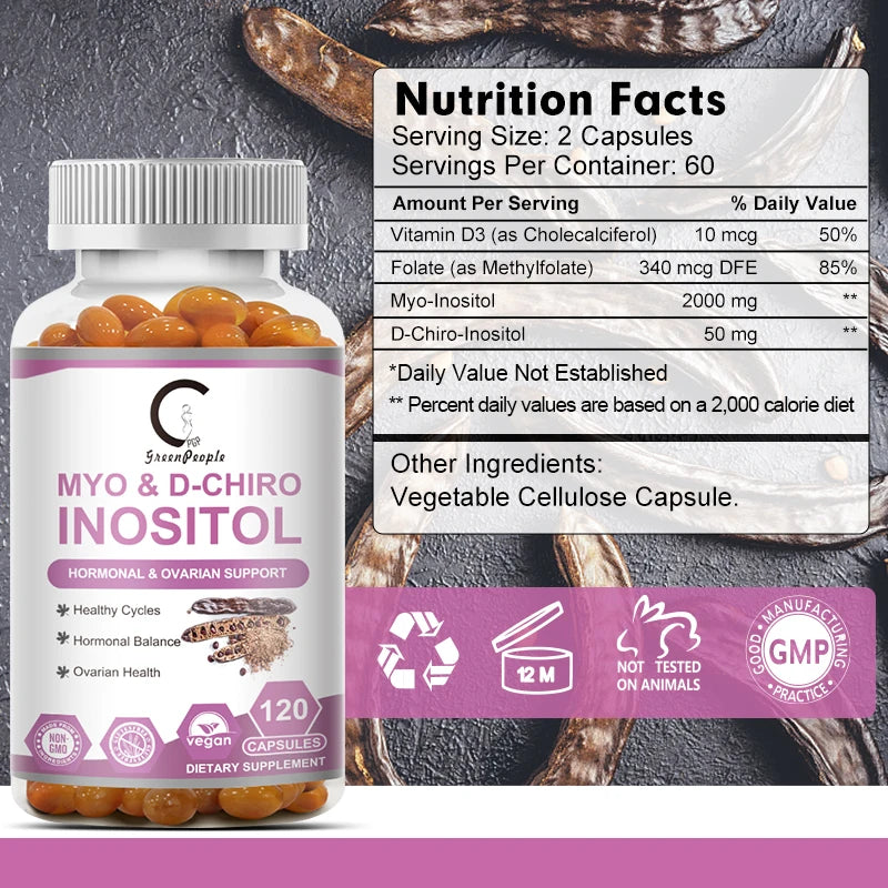 Myo Inositol & D-Chiro Inositol Supplements,Support Fat Metabolism,Healthy Ovarian & Liver Function Support,120 Capsules