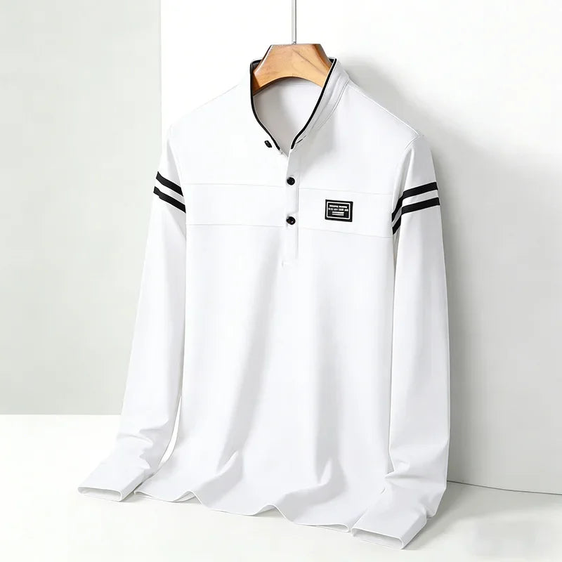 Men's Casual Slim Fit Polo Shirt Long Sleeve Stand Collar Contrast Striped Cotton Blend Tops for Daily & Business Wear