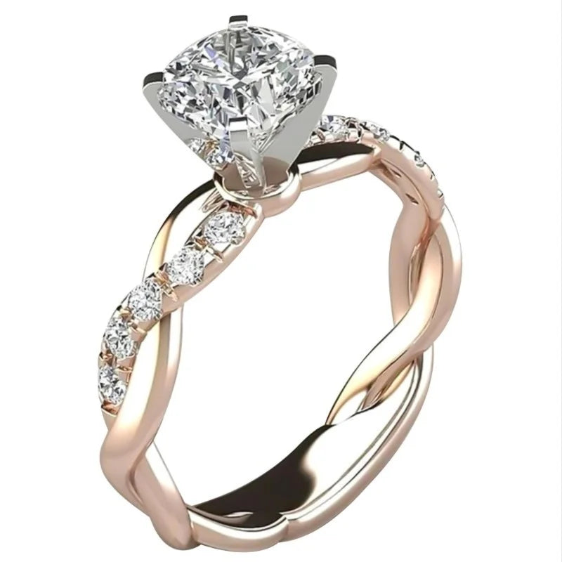 Popular and Elegant Princess-cut diamond ring with twisted braid and modern design.