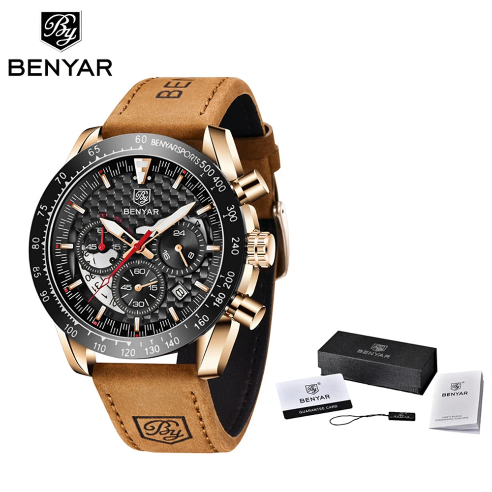 BENYAR Top Brand New Men Watches Leather Strap Luxury Waterproof Sport Quartz Chronograph Military Watch Men Clock Reloj Hombre