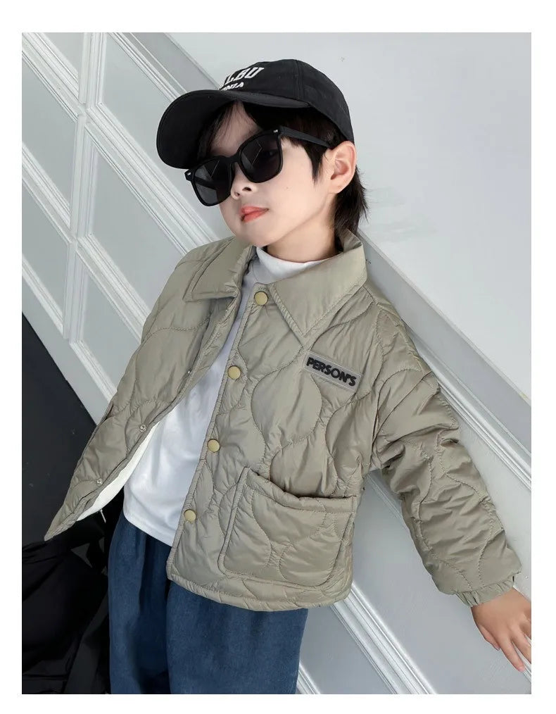 Autumn Kids Cotton Jacket Winter Boys Solid Color Thick Plus Velvet Warm Coat For 3-10 Years Teen Children Outerwear Clothing ﻿