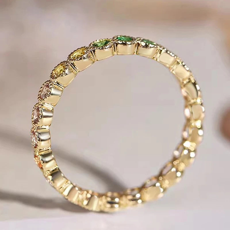 Huitan Colorful Rainbow Cubic Zircon Promise Rings for Women Gold Color Luxury Trendy Wedding Accessories Statement Jewelry