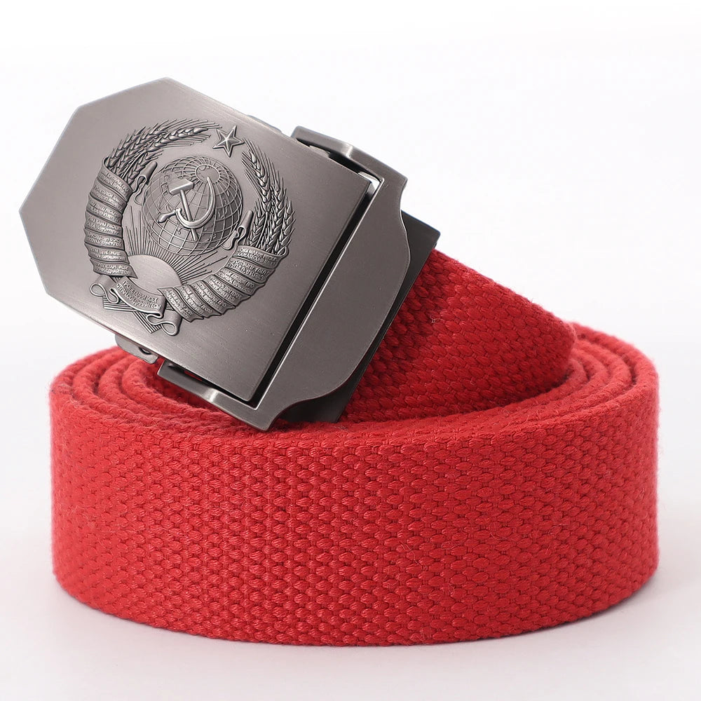 Mens Canvas Outdoor Tactical Army Belt 3D Soviet National Emblem Metal Buckle Unisex Jeans Belt for Men Military Training Belts