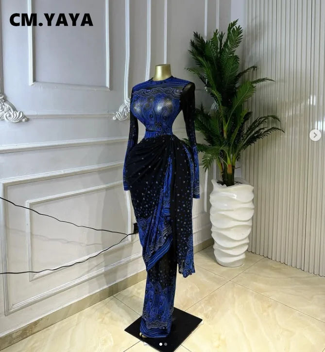 CM.YAYA Women Tie Dye Printed Stacked Ruched Long Sleeve Midi Bodycon Maxi Long Dress Birthday Party Education Trendy Dresses