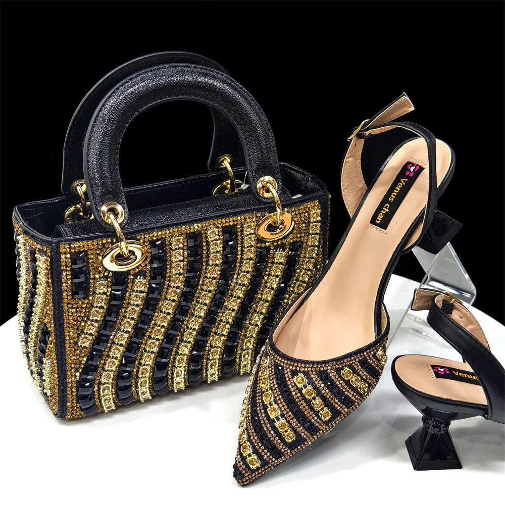 2025 Summer New Design Specials Italian Women Shoes and Bag Set Blue Color Comfortable Low Heels With Rhinestone