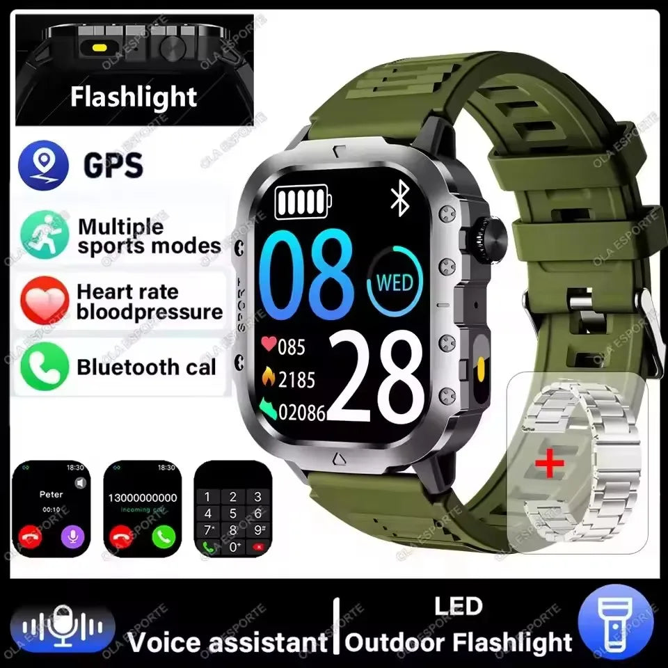 2026 New Military Outdoor Smart Watch Men's GPS Flashlight Bluetooth Call 2.01" AMOLED Screen 3ATM Waterproof Sports Smartwatch