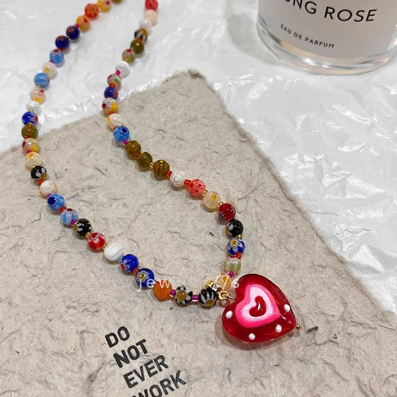 ZAKOL Dopamine Colorful Glass Bead Heart-shaped Pendant Necklaces for Women Sweet Collarbone Chains Necklace Trendy Accessories