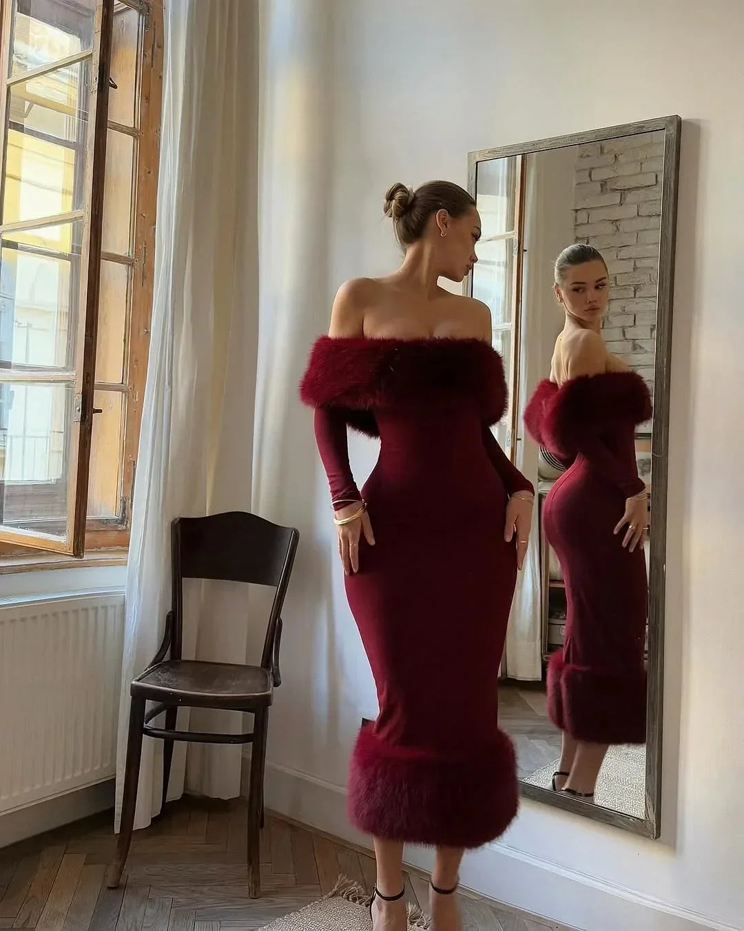 Chic Faux Fur Patchwork Strapless Maxi Dress Women Solid  Full Sleeve Off-shoulder High Waist Slim Dresses Lady Party Club Gown