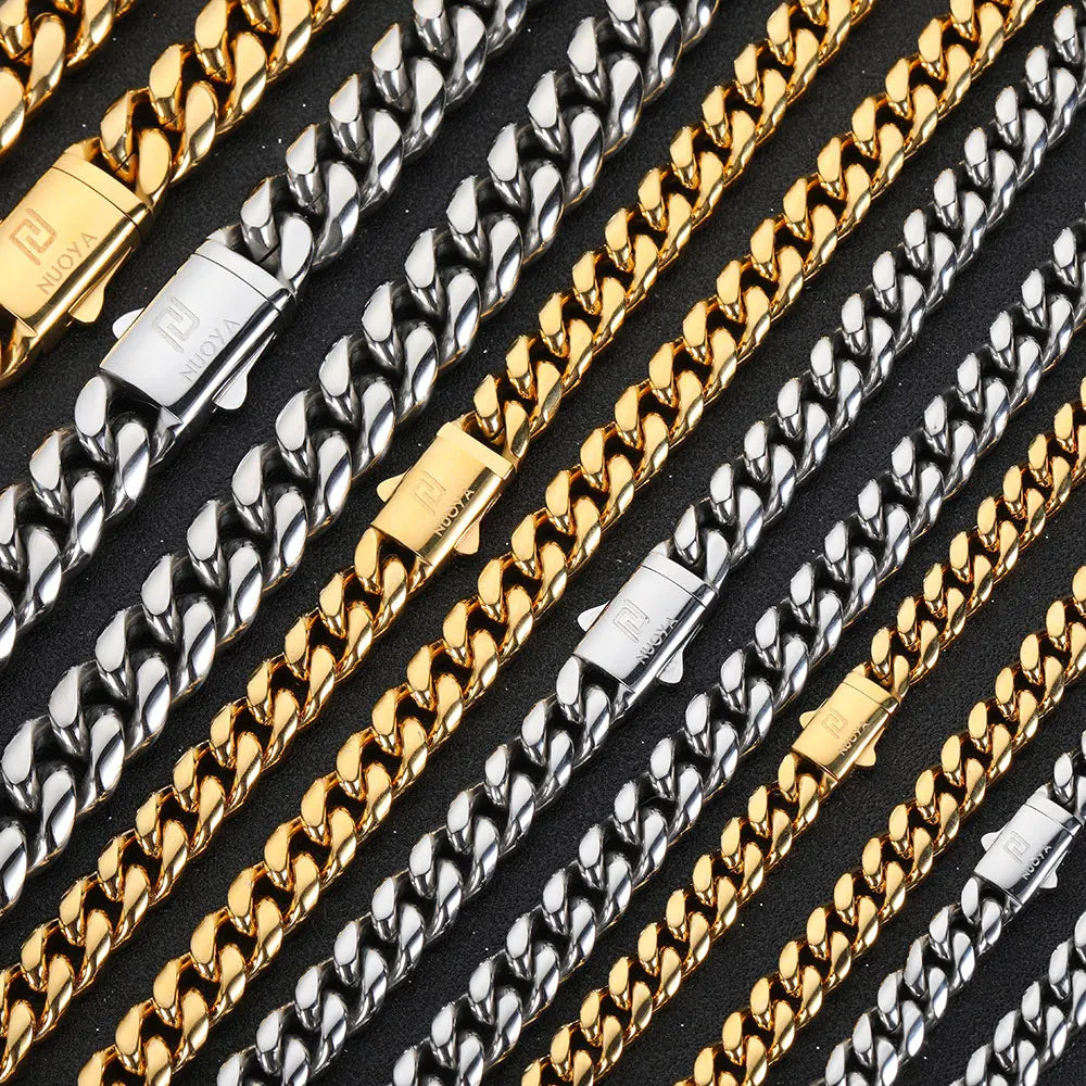 Hip Hop PVD Plated Stainless Steel Cuban Necklace with Snap Clasp Men Miami Cuban Link Chain Jewelry For Women's Free Laser Logo