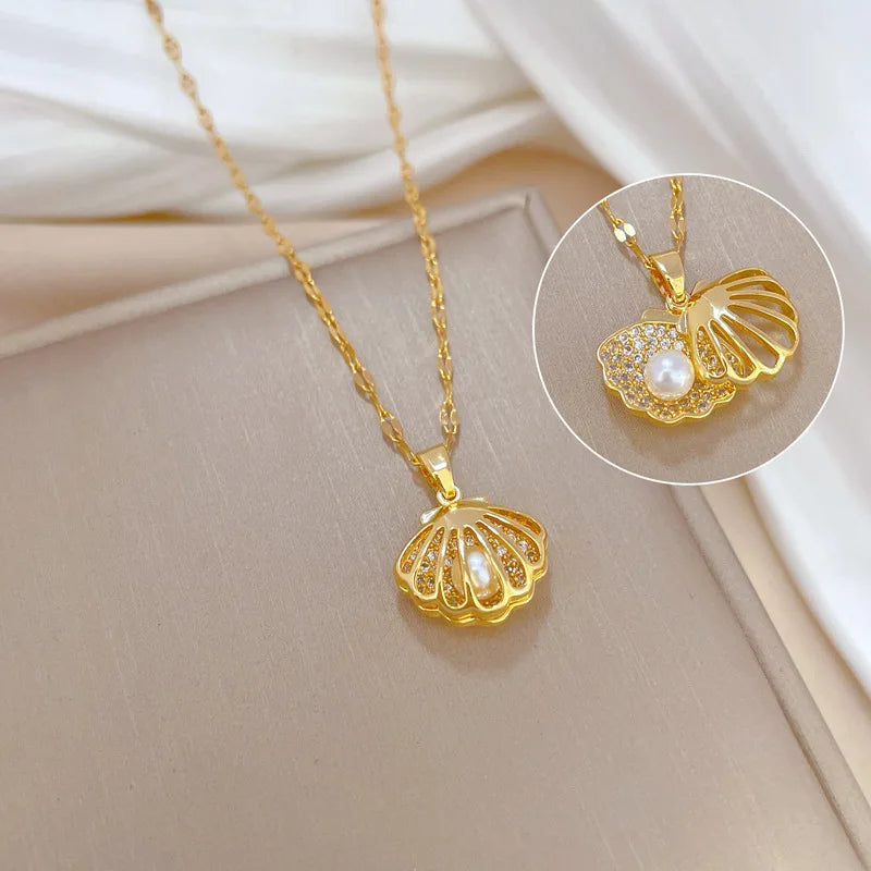 Yupsk Fashion Personalized Shell Starfish Pearl Necklace for Women  Versatile Shiny Zircon Engagement Wedding Party Jewelry